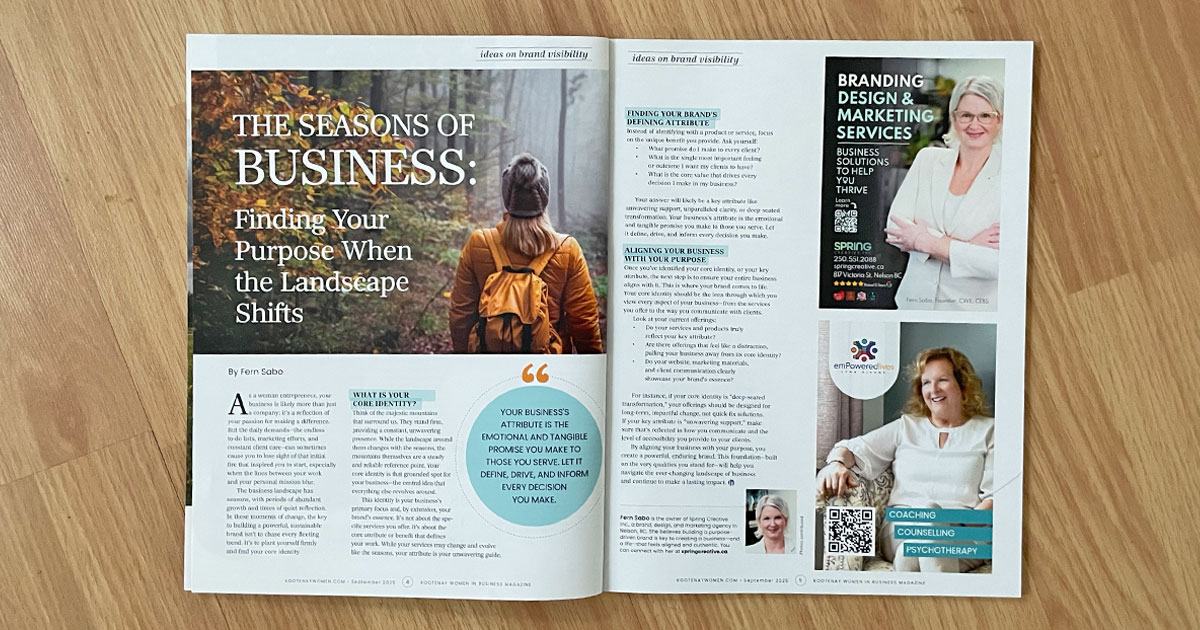 Woman entrepreneur finding purpose amidst business seasons and changing landscape Article in Kootenay Women in Business Magazine October 2025